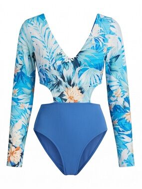 Blue Floral Long-Sleeve One-Piece Swimsuit